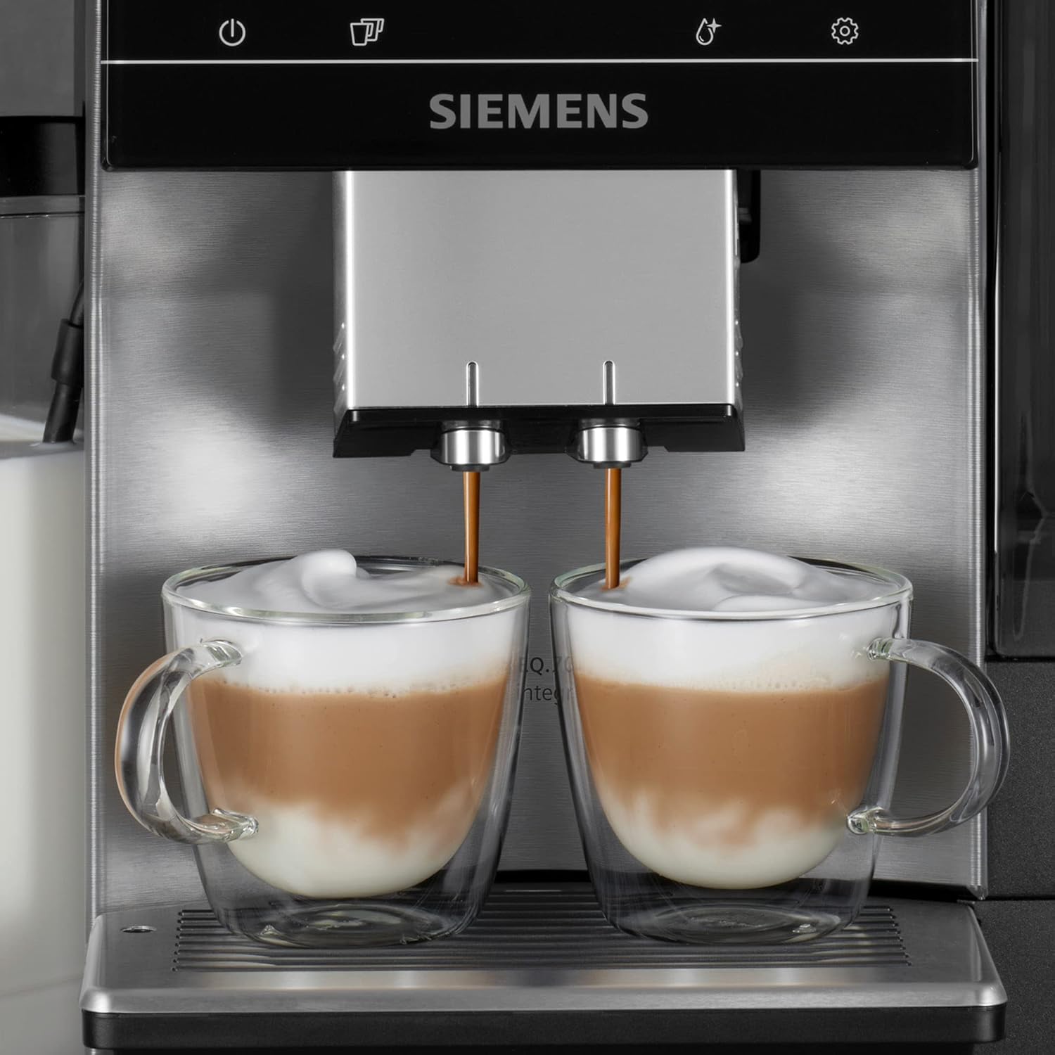 Siemens, machine à café automatique EQ900 TQ903D03, contrôle par l'application, écran tactile, mode barista, AromaBoost, réduction du bruit, broyeur premium, nettoyage à la vapeur, 1 500 W, inox