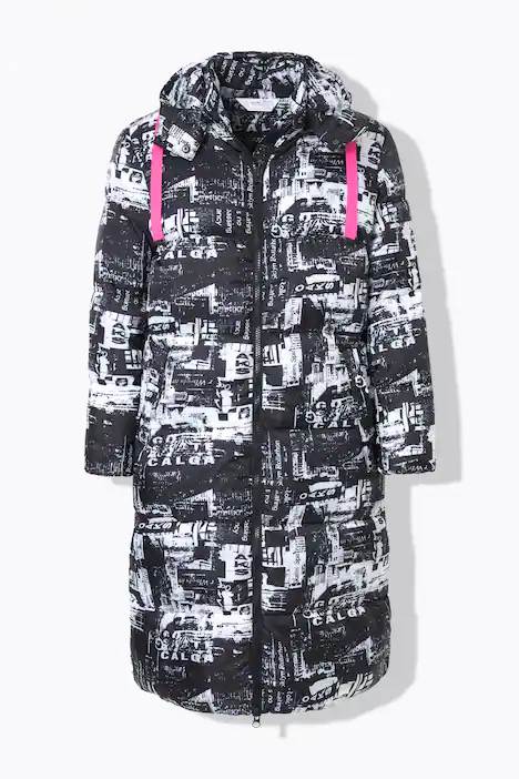 Steppmantel, oversized, Zeitungs-Druck, Kapuze, schwarz