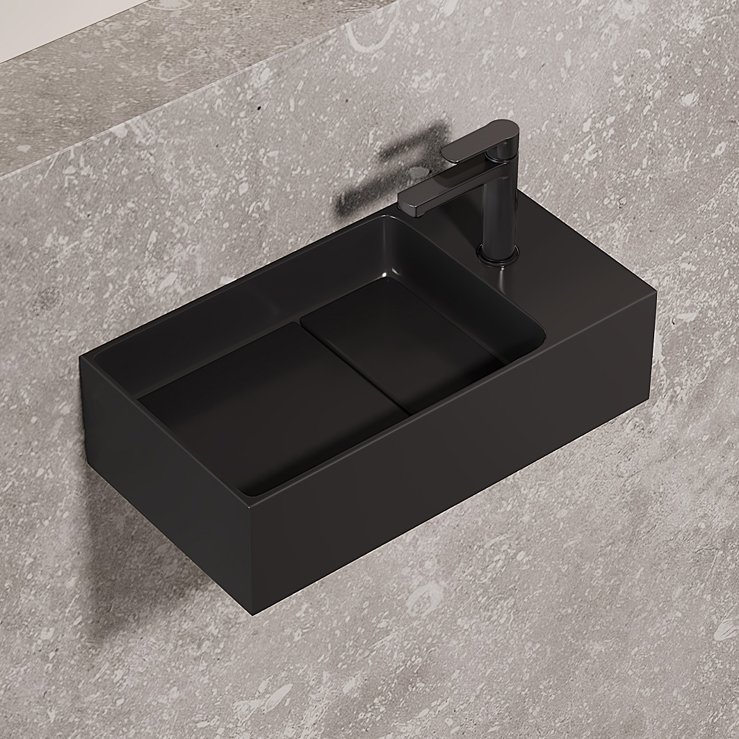Saniclear Itsie fontein mat zwart met kraangat rechts 39x22x10cm