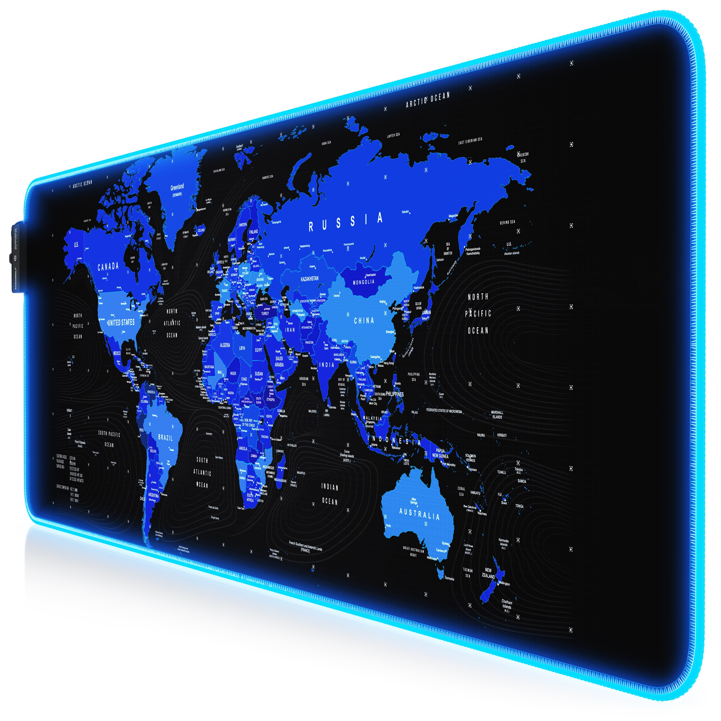 Titanwolf RGB Gaming Mauspad, Mousepad XL 800 x 300mm verbessert Präzision & Geschwindigkeit, Weltkarte blau