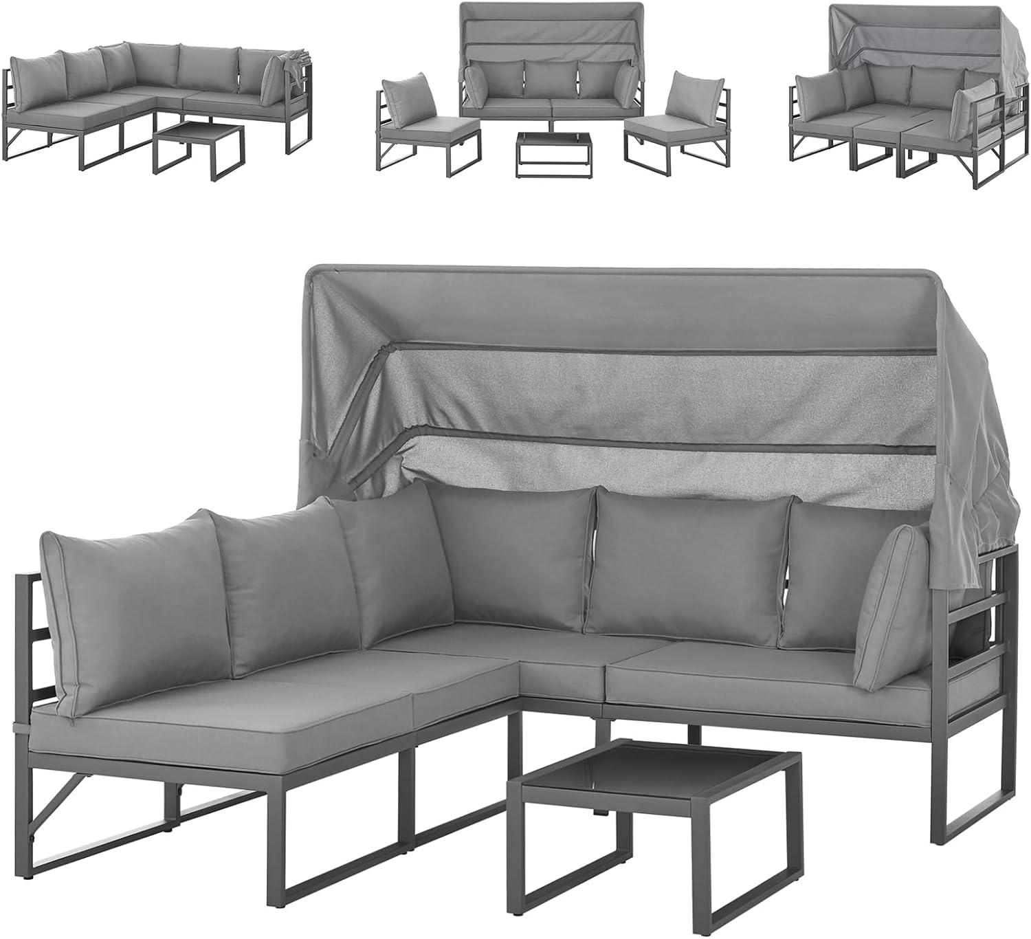 SVITA Maui Gartenmöbel-Lounge-Set mit Dach Outdoor-Sofa Strandkorb-Sonneninsel Stahl Hellgrau