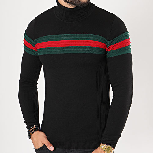 Pull Col Roulé Avec Bande Vert Et Rouge JUM-11 Noir