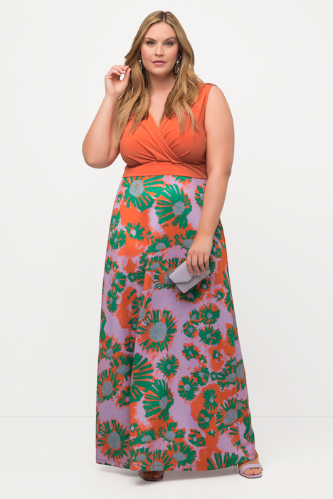 Jersey-Maxikleid, Blüten, V-Ausschnitt, ärmellos