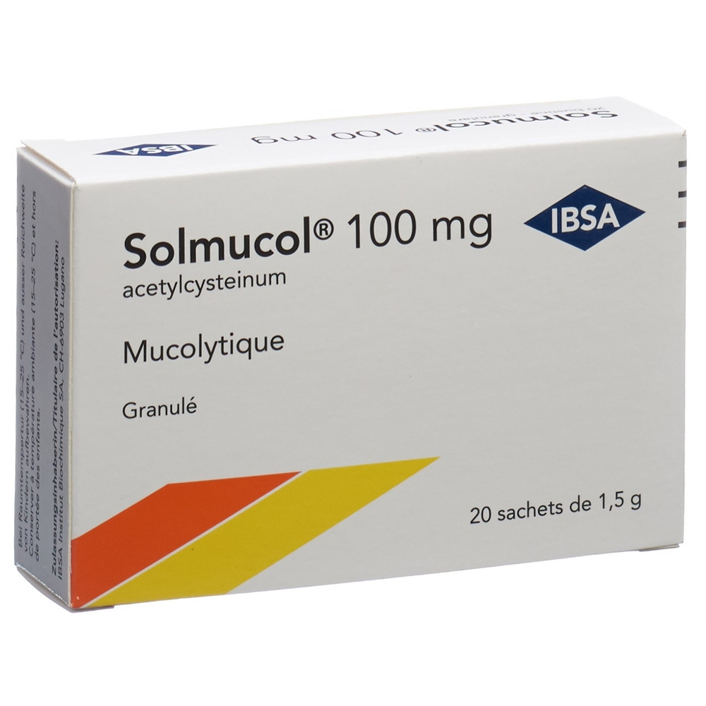 SOLMUCOL Gran 100 mg ohne Zucker Btl 1.5 g<br>20 × 1.5 g, Beutel, Granulat zur Herstellung einer Lösung zum Einnehmen, ohne Zucker