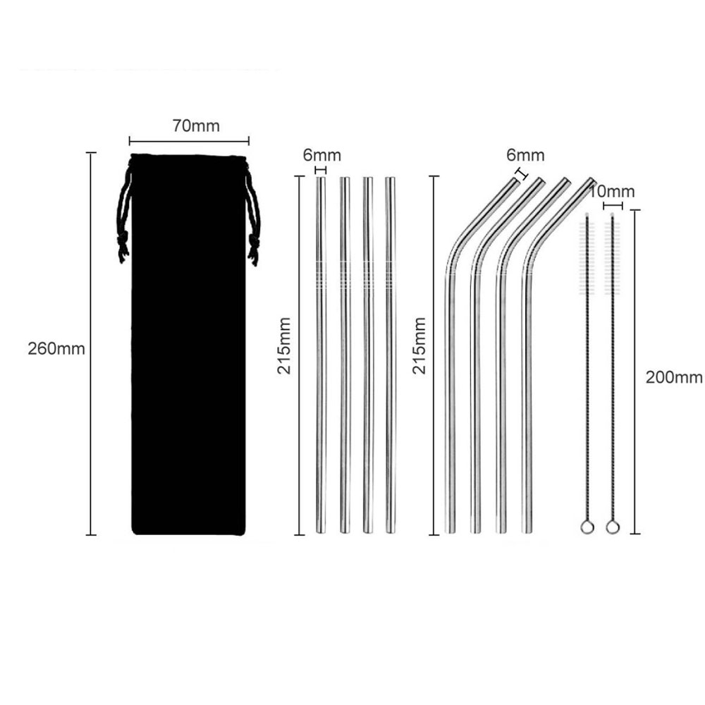 (10-tlg. Set) 21.5cm Edelstahl Strohhalm Wiederverwendbarer Trinkhalm inkl. Reinigungsbürsten   Tasche - Flip Flop