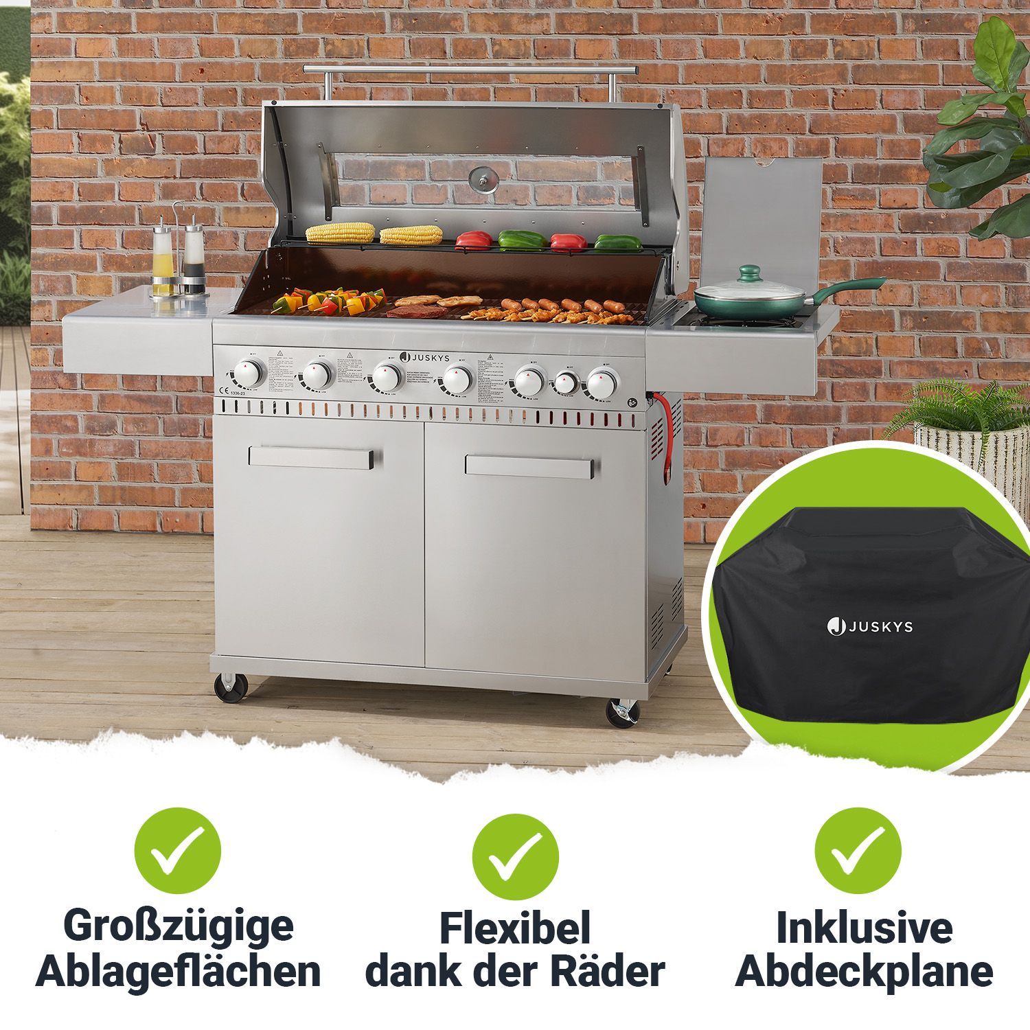 Juskys BBQ Gasgrill Minnesota - 6 Brenner & 1 Seitenbrenner - aus Edelstahl mit Gusseisen Rost