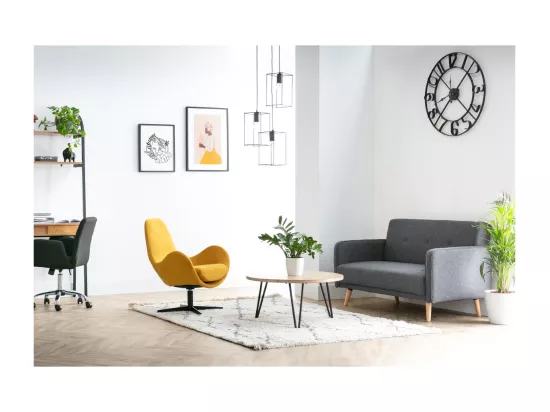 Canapé scandinave 2 places en tissu bleu canard et bois clair ULLA