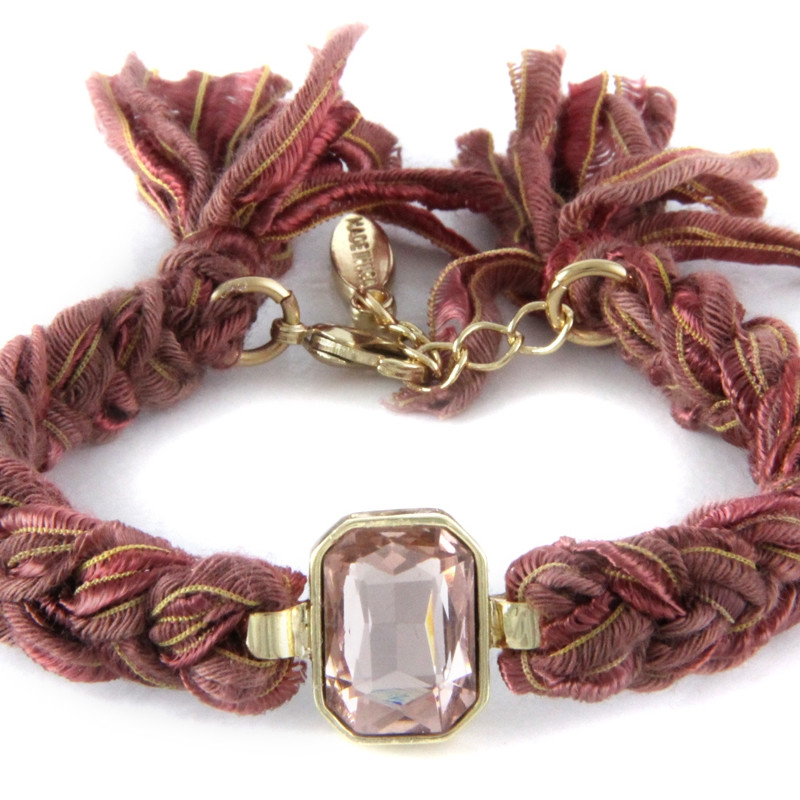 Ettika - Bracelet Cristal plaqué Or Jaune et Coton Rubans Tressés Marron