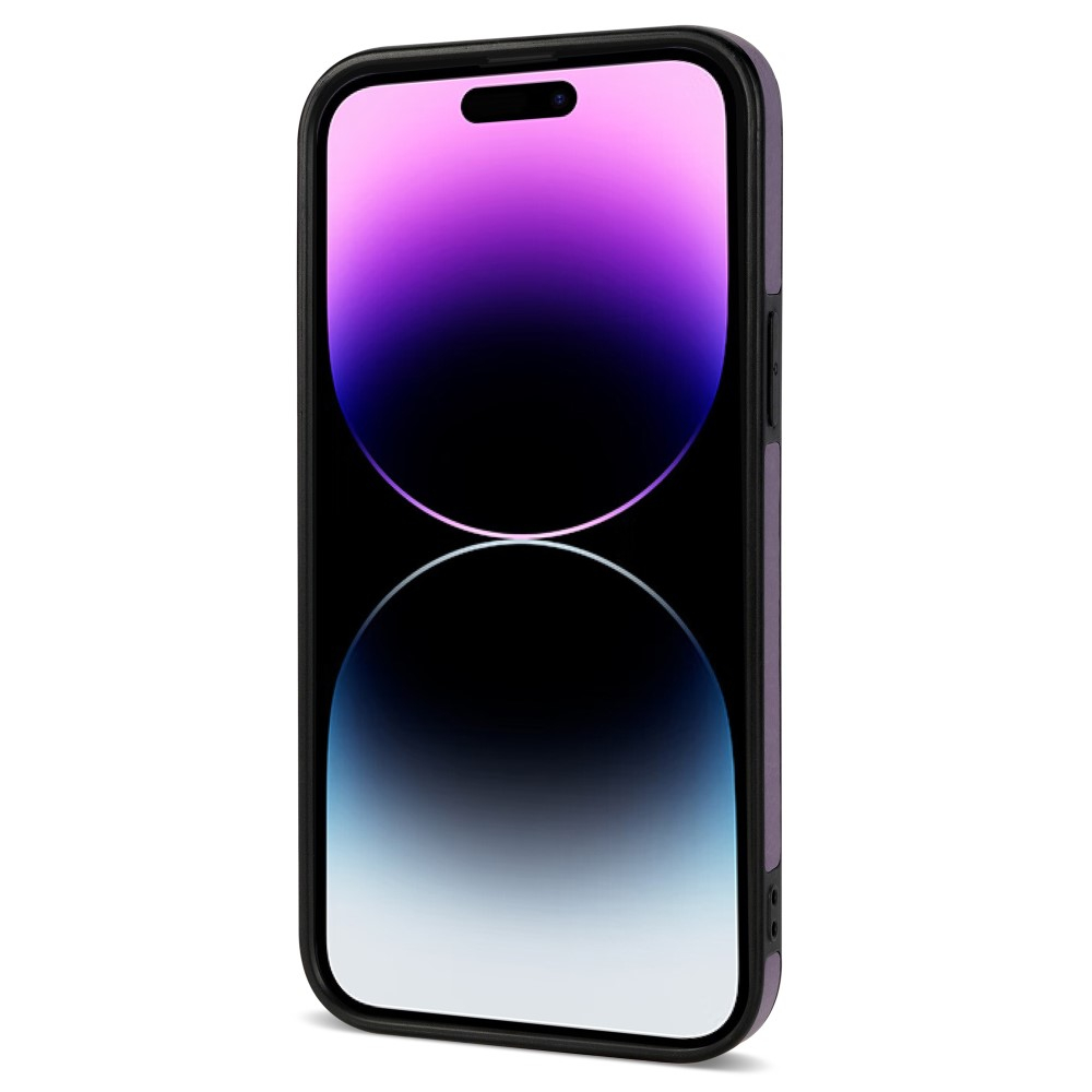 iPhone 14 Pro Max Hybrid Leder Hardcase Hülle mit Kartenfächer mit Aufsteller (RFID Schutz) - Lila