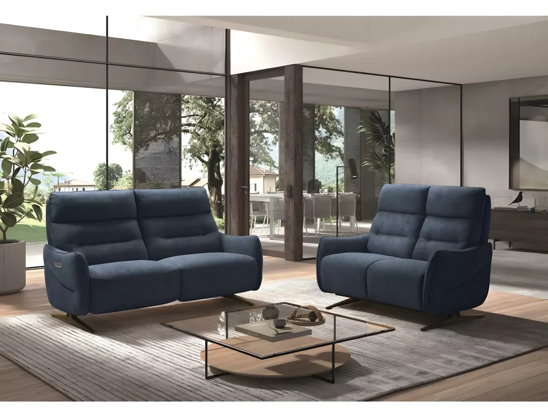 Canapé de relaxation en microfibre Kondonia-Couleur Bleu foncé-Système Fixe - sans relax-2 places