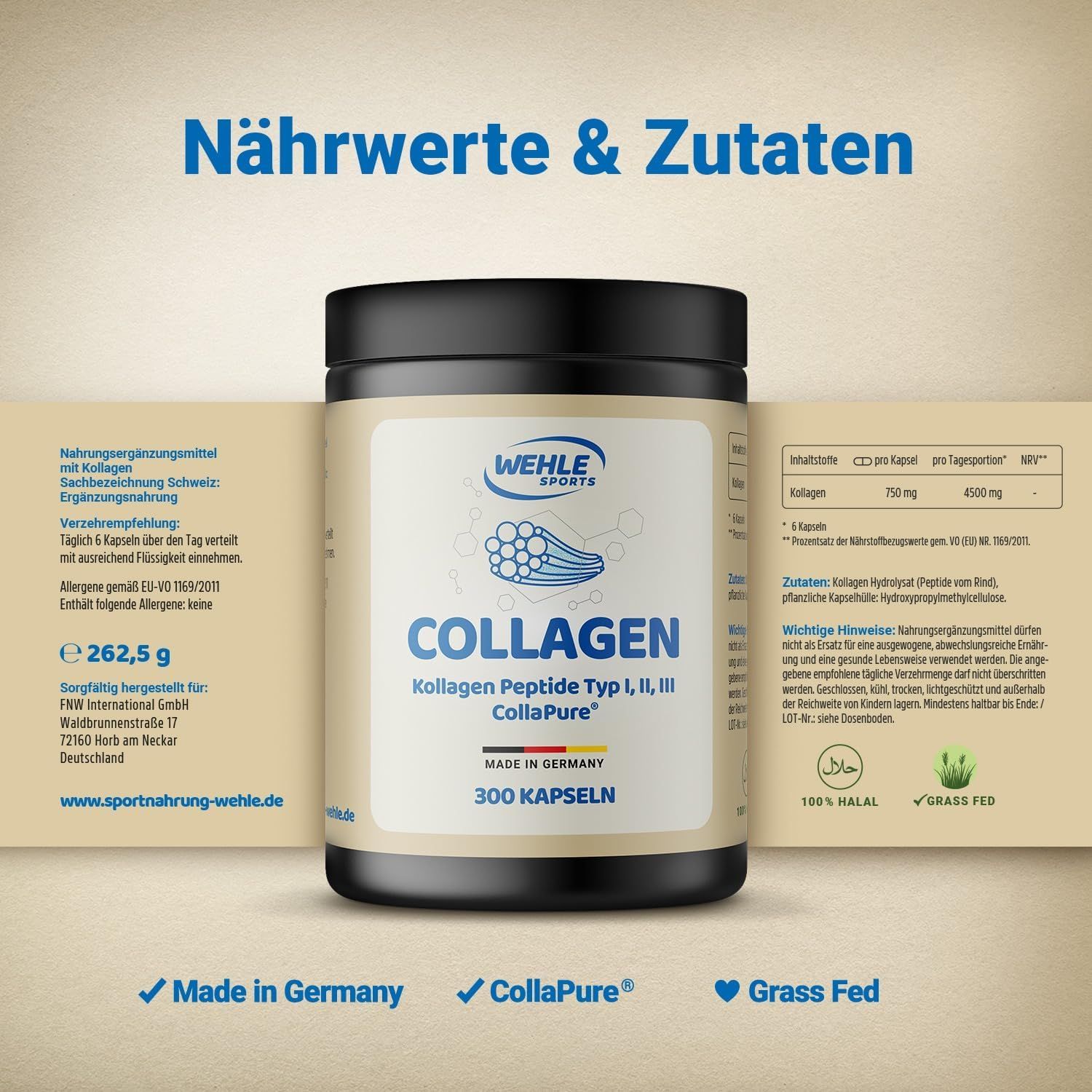 Kollagen Kapseln 4500mg pro Tagesdosis reine Collagen Hydrolisat Peptide von Wehle Sports