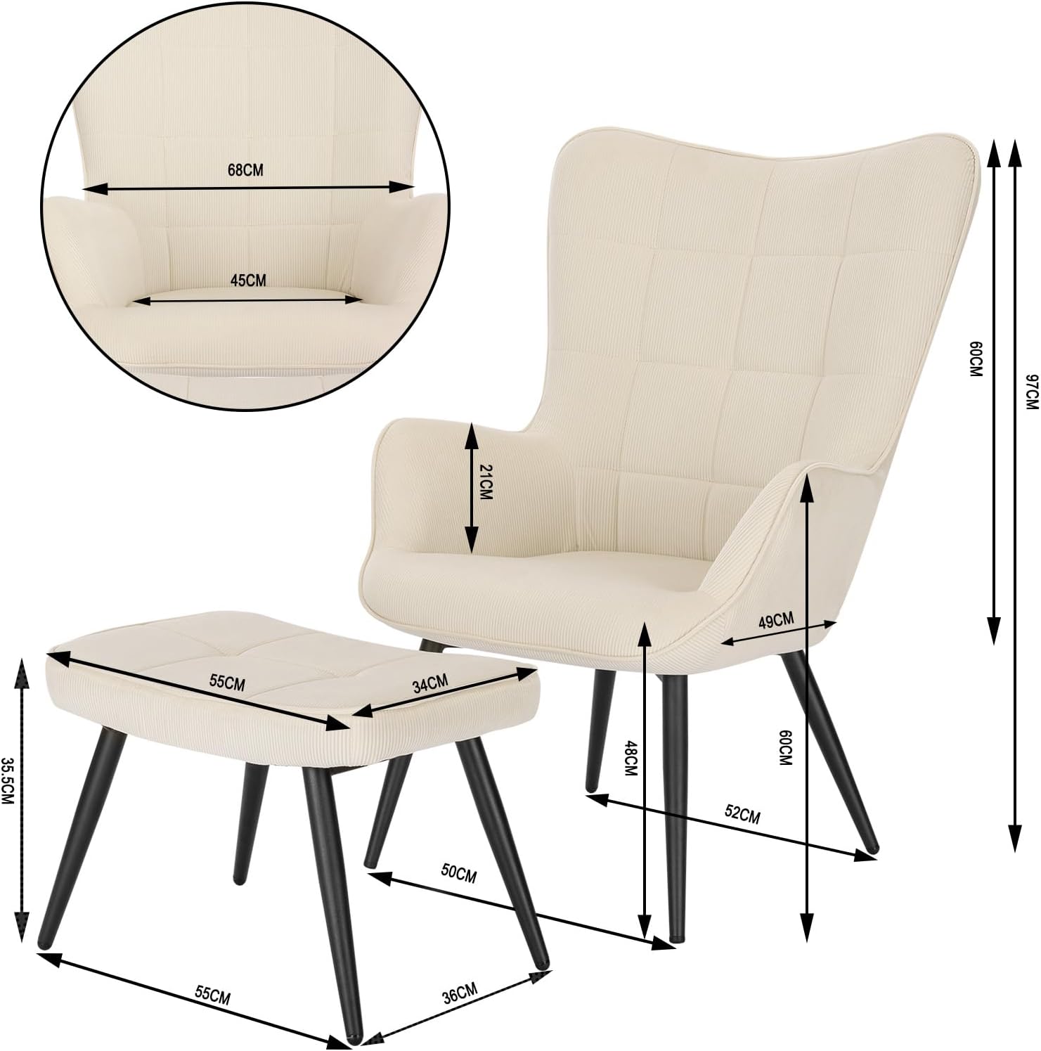 WOLTU Ohrensessel mit Hocker, Relaxsessel mit Polster, Vintage, Wohnzimmer, Schlafzimmer, Balkon, Cordsamt, Cremeweiß