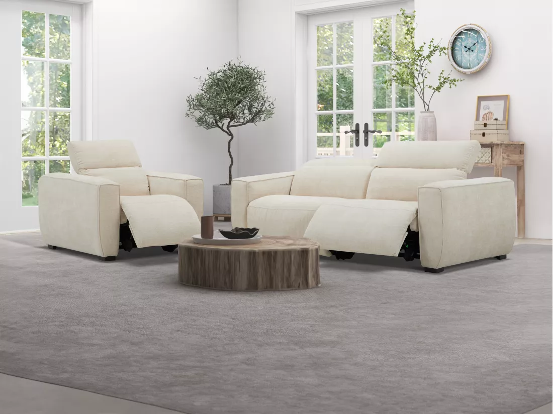 Canapé 3 places et fauteuil relax électrique en tissu beige LAGUNDI