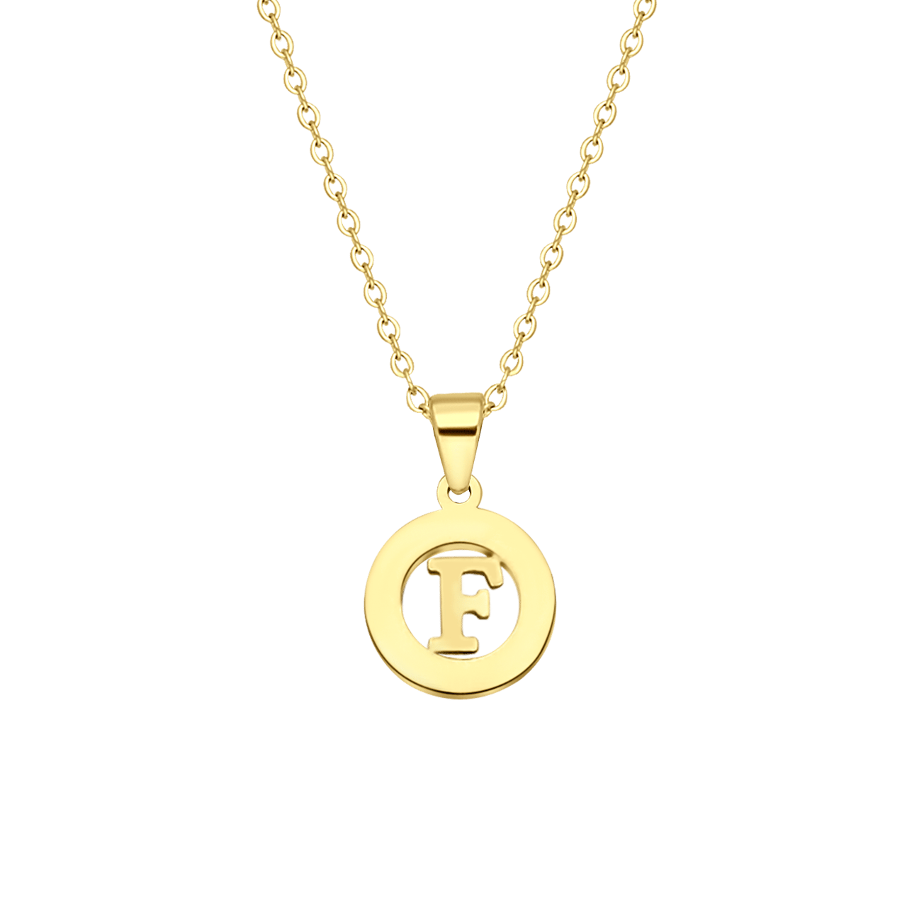 Stalen goldplated ketting met letter - F