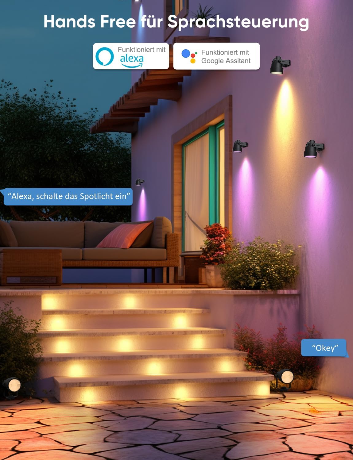 APPECK Gartenstrahler, WiFi Smart Gartenbeleuchtung mit Strom, RGBW Farbe ändernde intelligente Außen Wasserdicht Gartenlampe, mit APP/Sprachsteuerung, für Patio, Garten, Einfahrt, Gehweg, 8 Stück