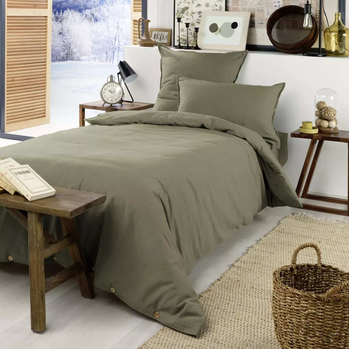 Housse de couette flanelle de coton (140 x 200 cm) Théa Vert romarin