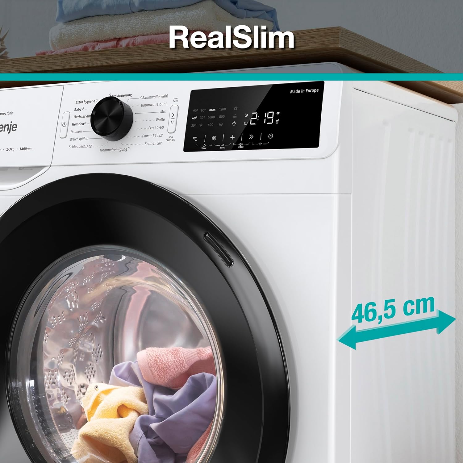 Gorenje WPAM74SA1T Waschmaschine mit Dampffunktion/Slim/ConnectLife / 7Kg / 1400 U/min/15 Programme/Totaler AquaStop/Wave Active Trommel/ExtraHygiene/PowerWash/Schnell Waschgang/EEK: A-10%