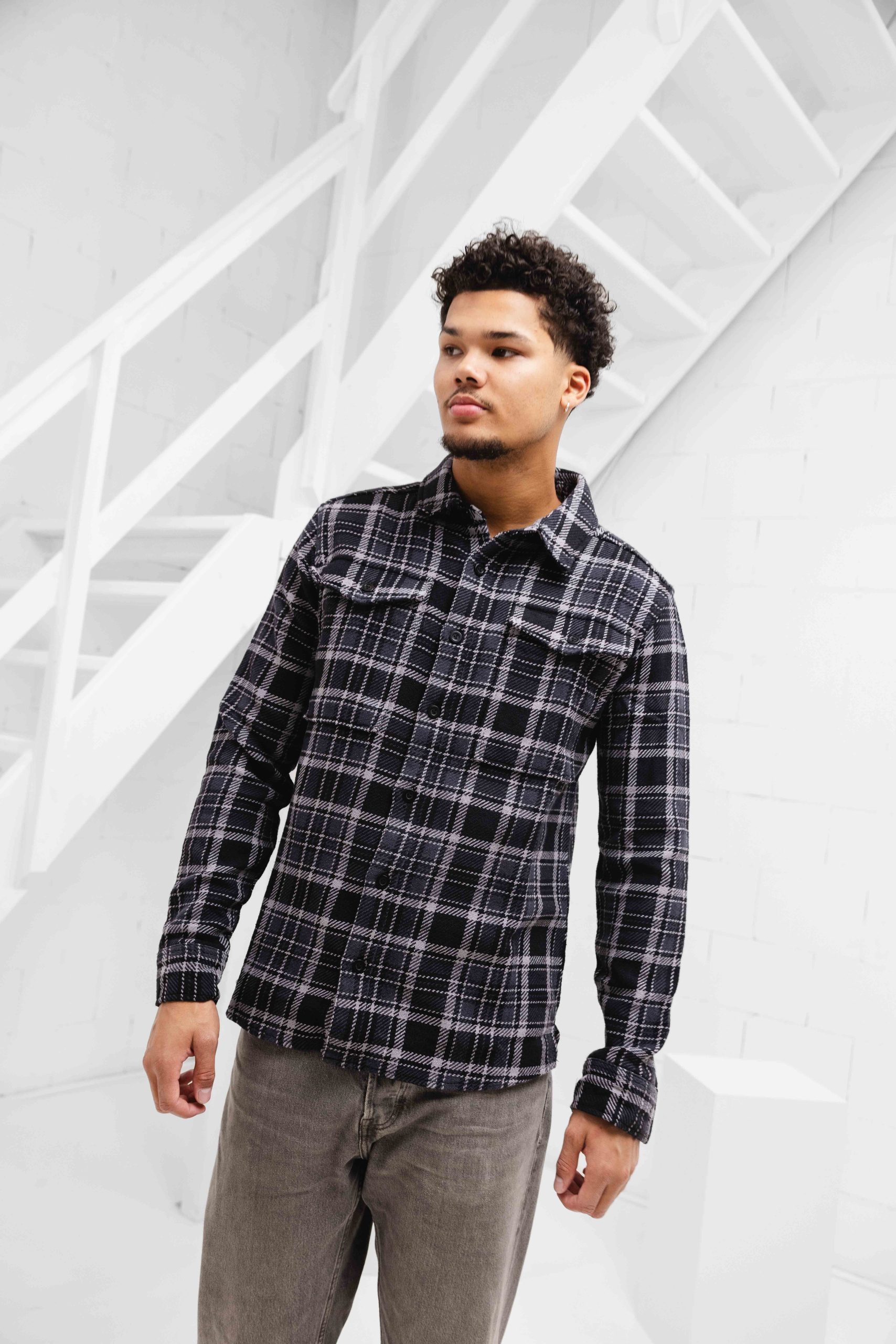 Pure Path Heavy Twill Checked Overhemd Heren Zwart