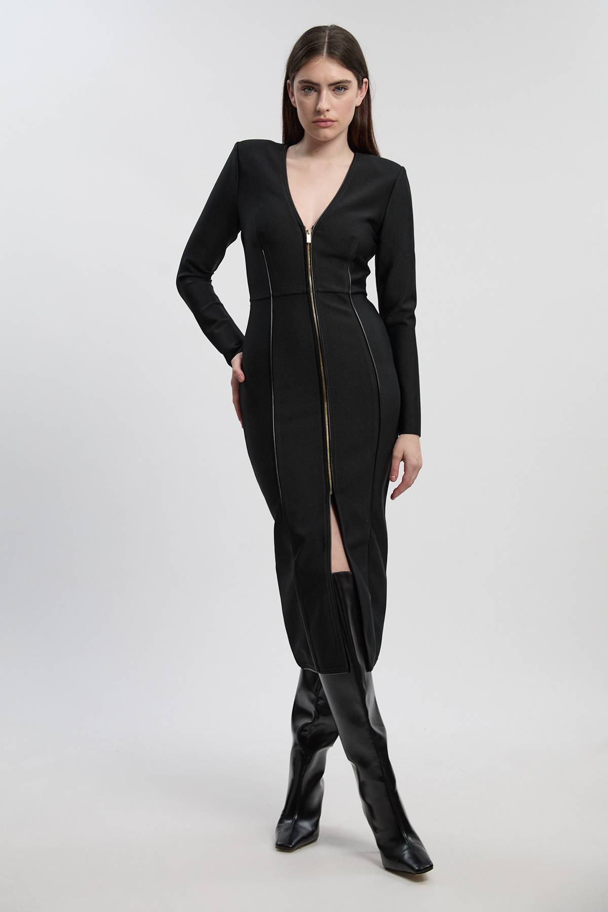 KarenMillen Robe Midi Moulante Tricotée avec Détails en SYNTHÉTIQUE et Fermeture Éclair Intégrale