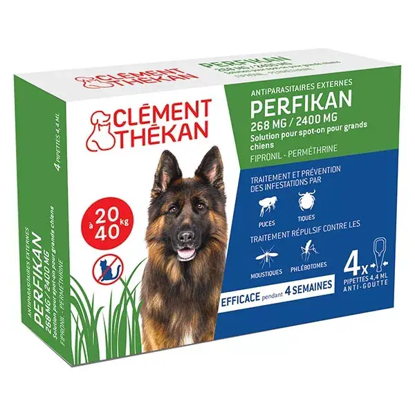 Clement Thekan Perfikan Tratamento contra pulgas e carrapatos para cães de 20 a 40 kg, 4 pipetas