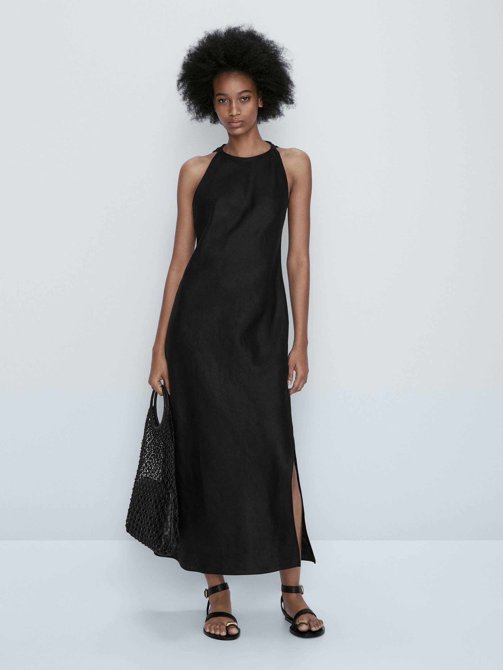 Vestido de linho com decote halter - PRETO