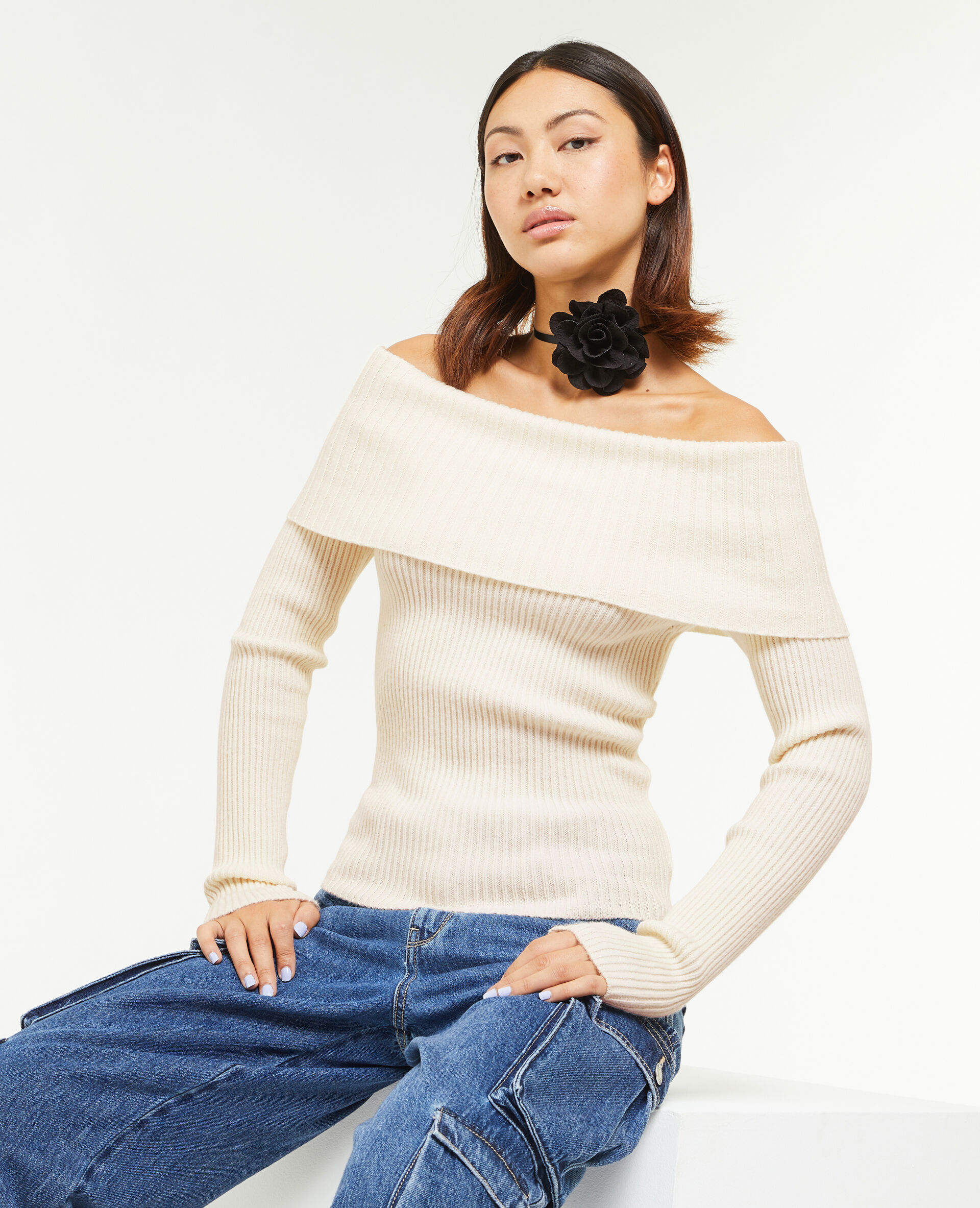 Pull encolure Bardot en maille côtelée - Écru
