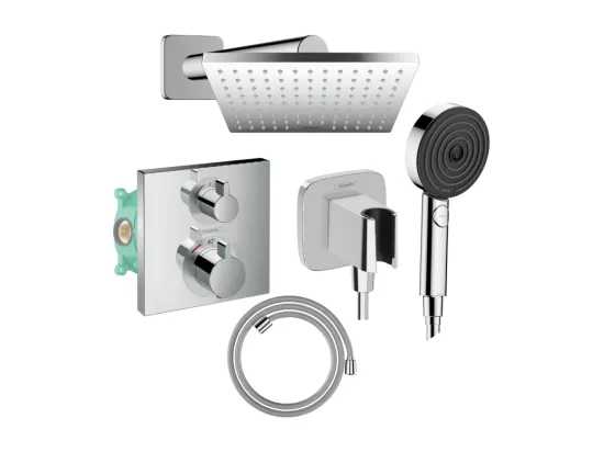 Colonne douche thermostatique HANSGROHE Ecostat Square Douche de tête Vernis Shape Flexible Isiflex Douchette Pulsify chromé