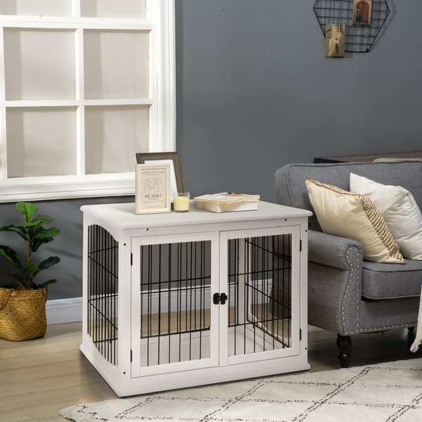 Hundekennel hundehus transportkasse smådyrbur til innendørs bruk hundekasse dyrebur kjæledyr MDF metall hvit 81 x 58,5 x 66 cm