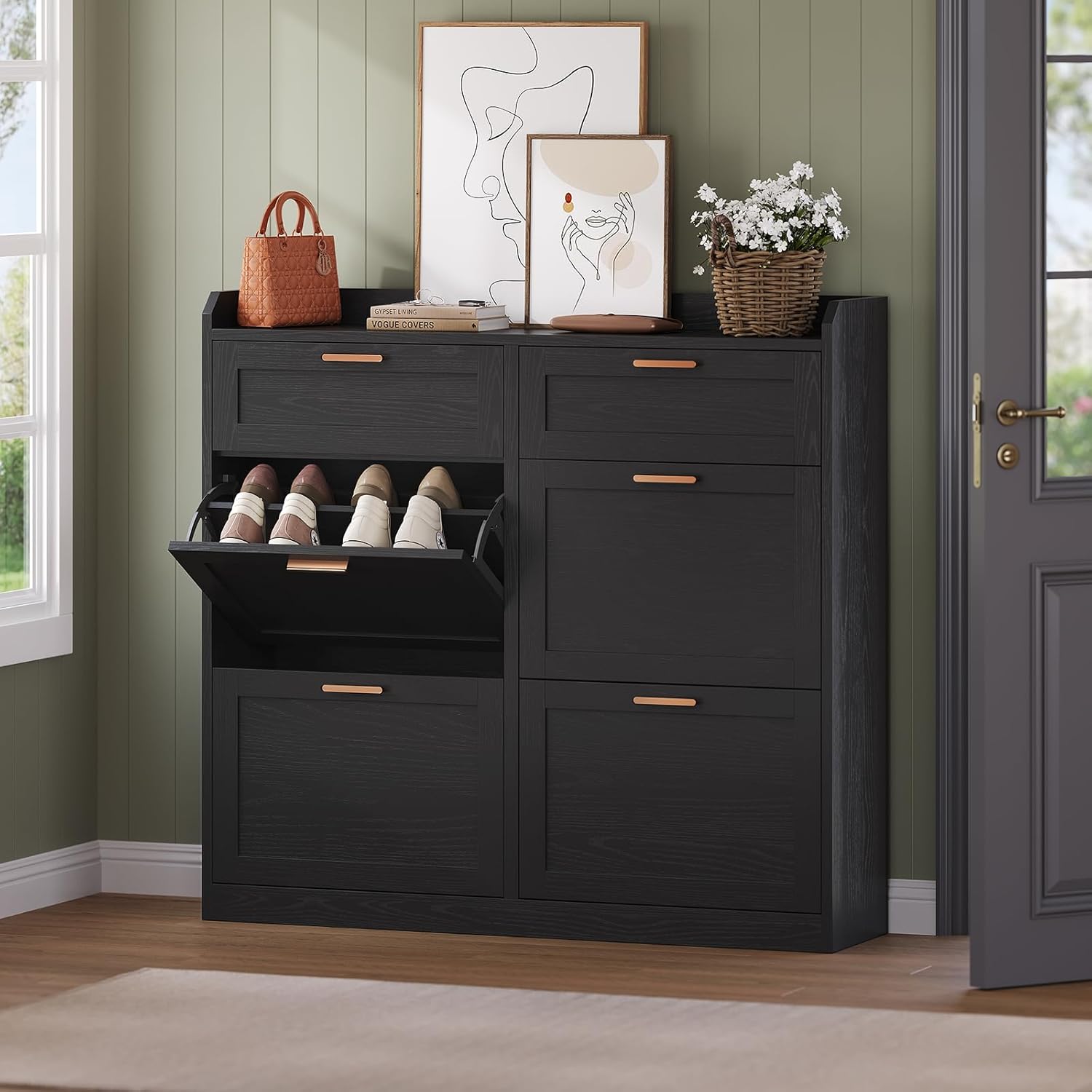 Meuble Chaussure Entrée, Porte Chaussures avec 4 Tiroirs Rabattables et Cloisons Réglables, 2 Tiroirs, Pour 16-24 Paires, Armoire à Chaussure pour Entrée, Couloir, Dressing, 24 x 100 x103 cm, Noir IB1609327