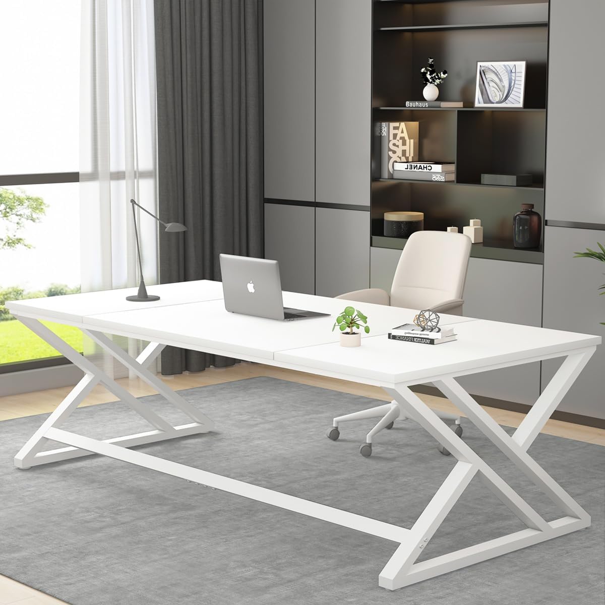 LVB Weiß Schreibtisch Großer Computertisch Langer Schreibtische Bürotisch für Home Office Schreibtisch Holz Metall für Arbeitszimmer Konferenztisch Gaming PC Tisch Weiß 180 x 80 x 75cm