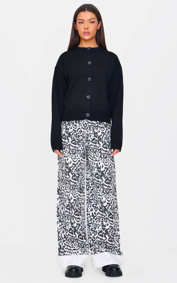 Blanc Jean Large À Revers Imprimé Léopard Blanc Et Noir