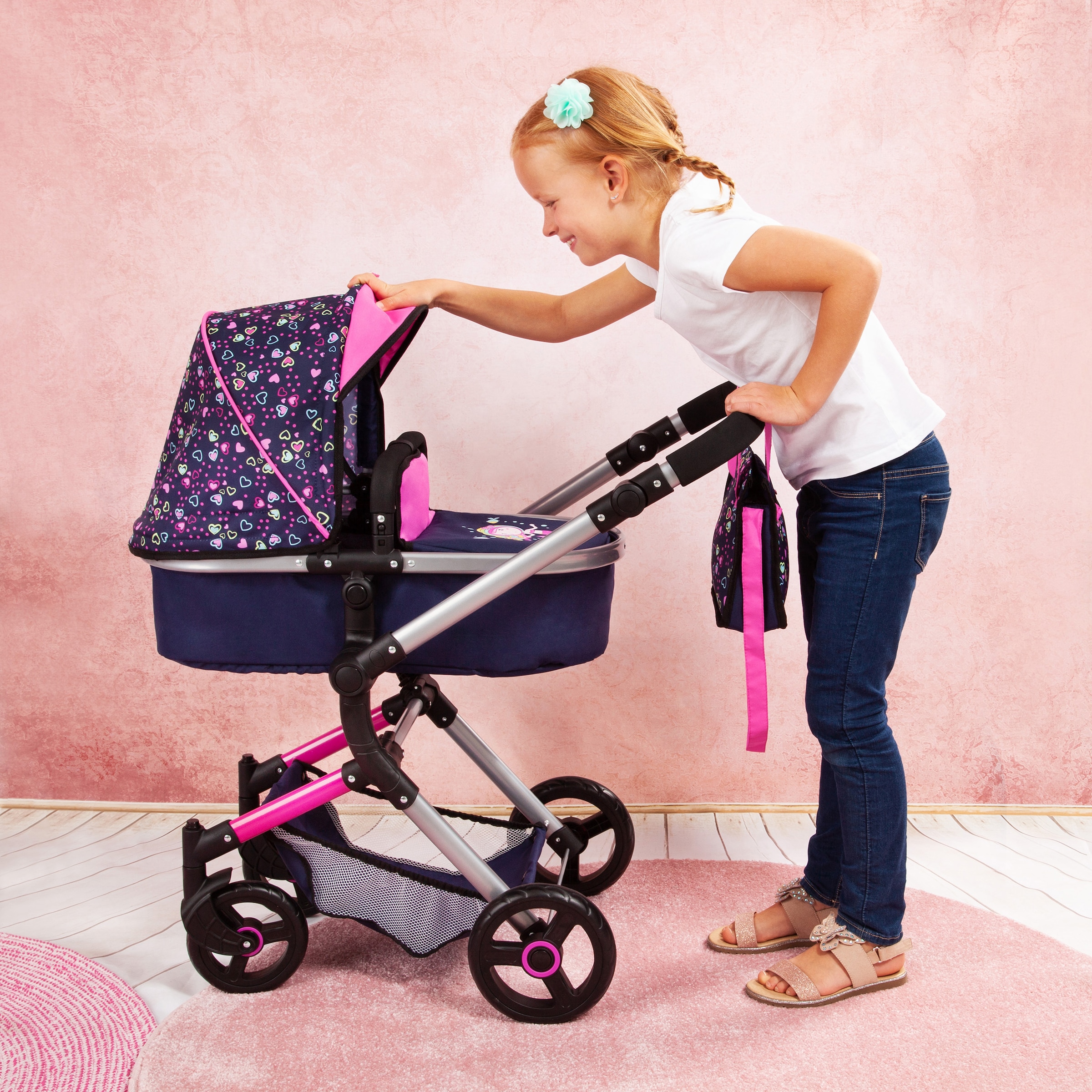 Bayer Kombi-Puppenwagen »Vario, Blau/Pink/Herzchen« inkl. Wickeltasche