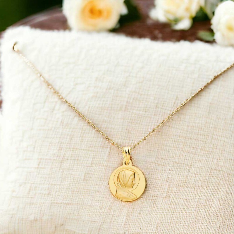 Collier - Médaille Vierge Marie Or Jaune - Chaîne Dorée - Gravure Offerte