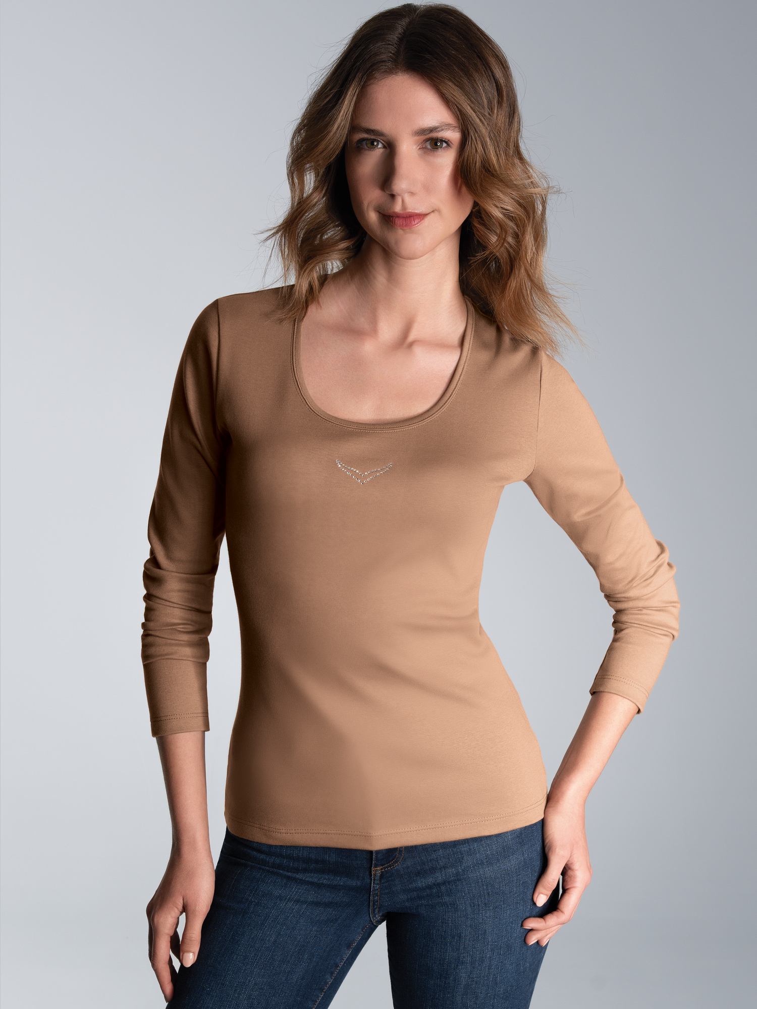 Langarmshirt mit Kristallsteinen Haselnuss