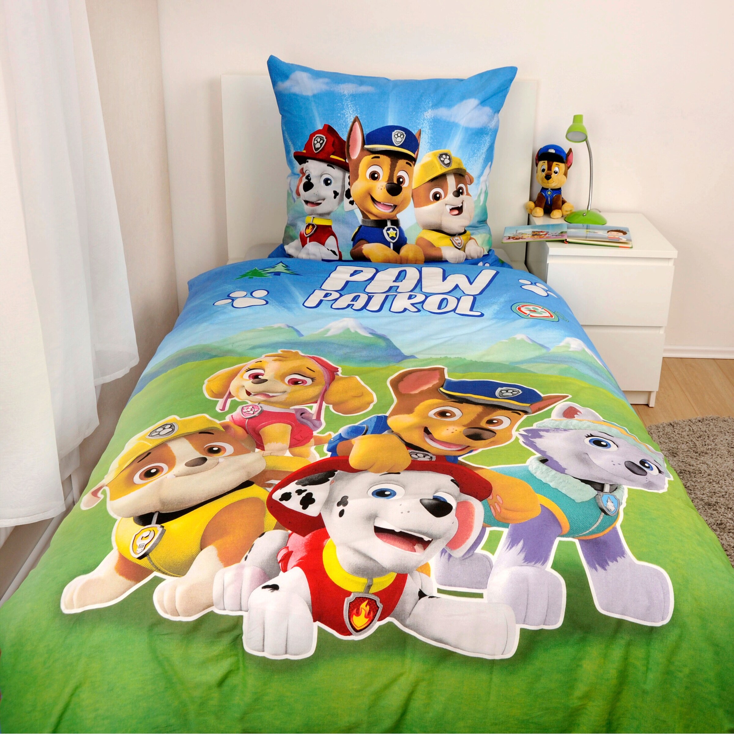 Herding - PAW PATROL Renforcé Wende-Bettwäsche 80x80 / 135x200 cm blau / Glow in the dark