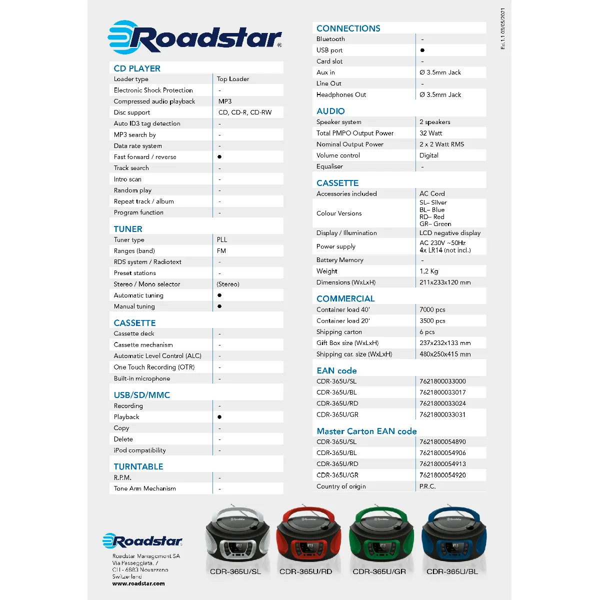 Roadstar CDR-365U/BL