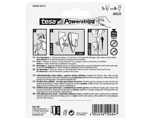tesa Powerstrips zelfklevende decoratieve haken, 5 haken / 8 strips