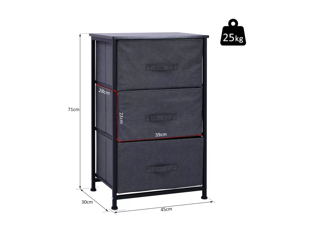 Meuble de rangement 3 tiroirs chiffonnier dim. 45L x 30l x 71H cm métal MDF non tissé noir