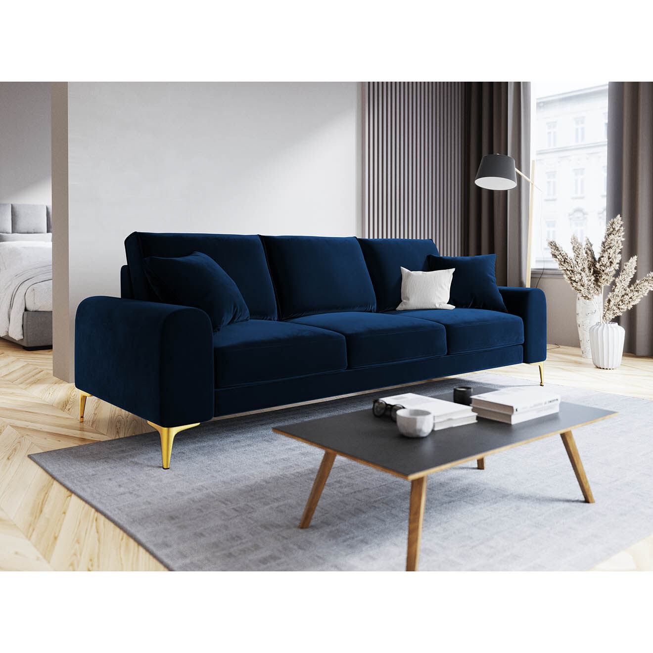 Mazzini Sofas Canapé Velours Madara bleu roi - 237x102x90 cm