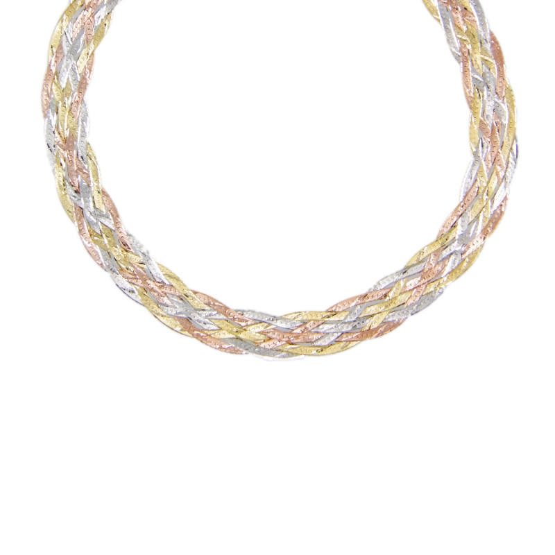Collier Femme Maille Tresse - Or Tricolore Jaune, Blanc et Rose