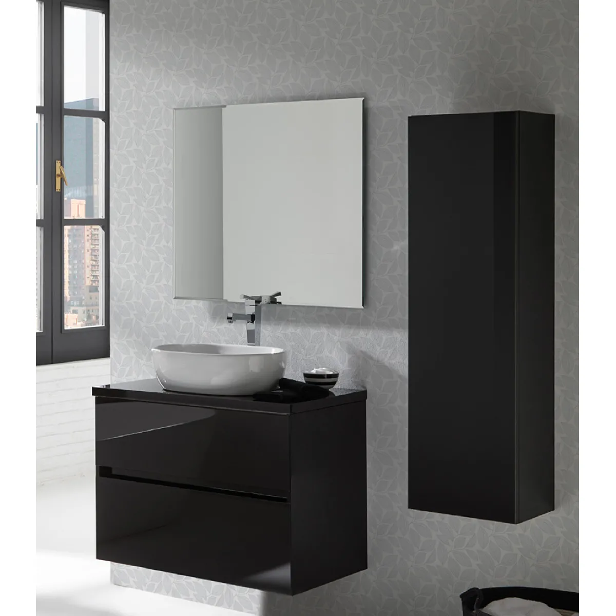 Ensemble salle de bain noir avec vasque et miroir pegane