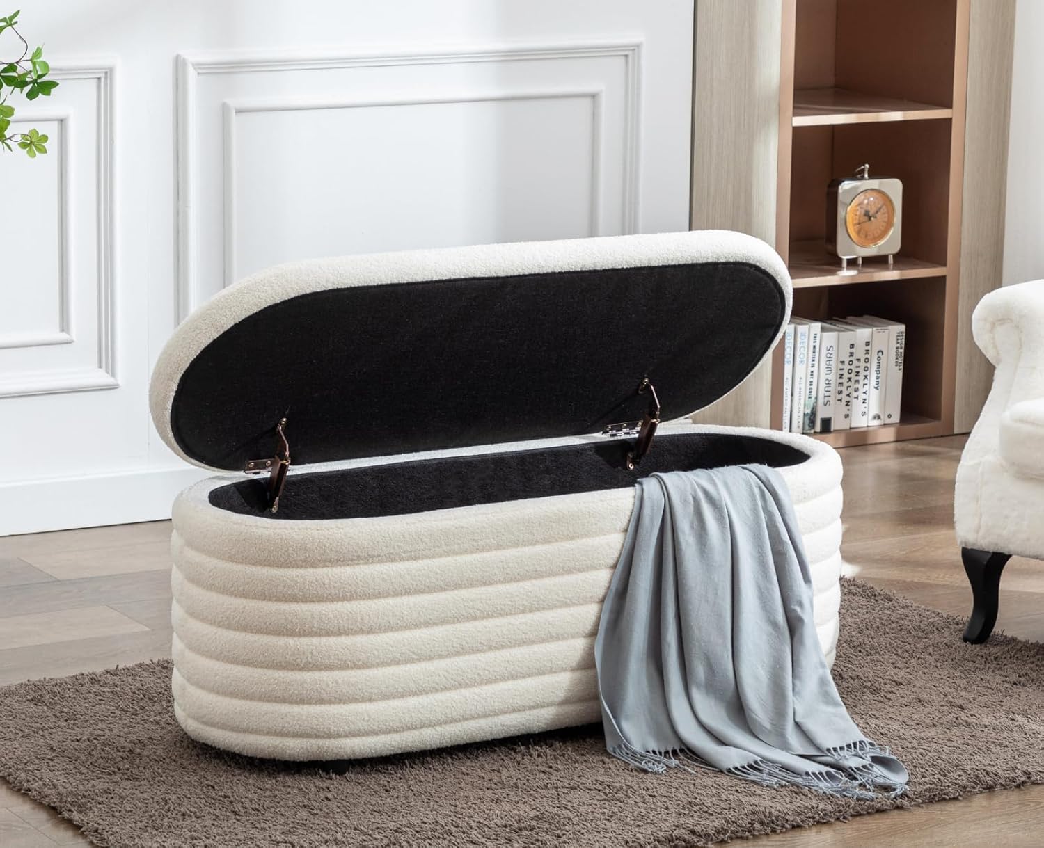 Sitzbank mit Stauraum, Moderne Sitztruhe aus Teddystoff Polsterbank Aufbewahrungsbox für Schlafzimmer, Flur oder Wohnzimmer, Weiß