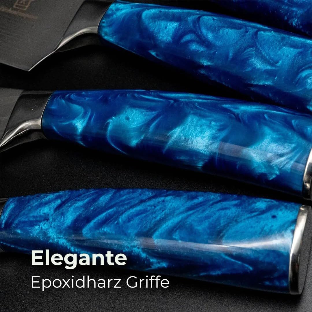 KÜCHENKOMPANE – Edelstahl Messerset Shiburu mit magn. Messerleiste als Messerblock | 8-teiliges Küchenmesser Set im Damast Design | Kochmesser mit ergonomischen Epoxid-Griff | Designed in Germany