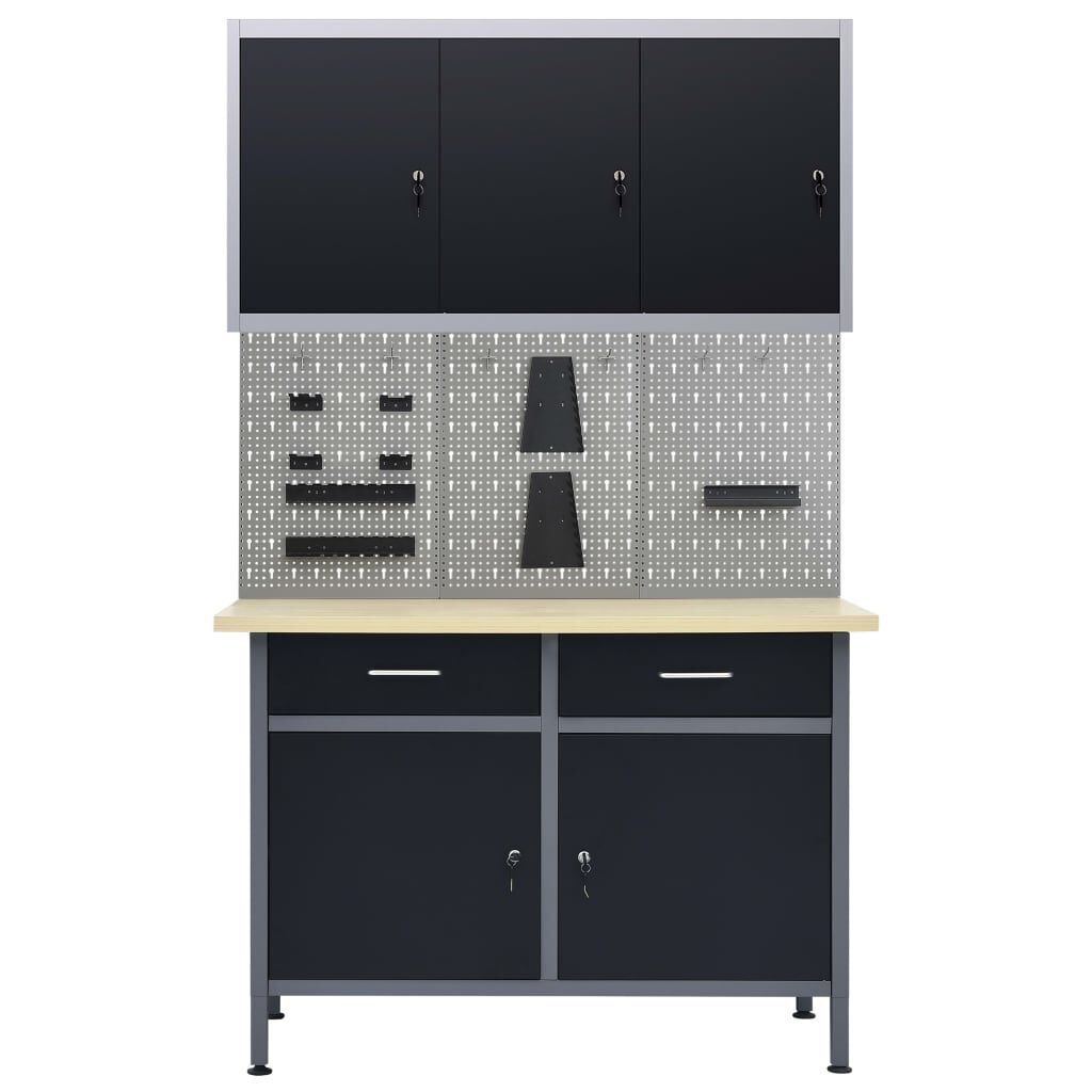 vidaXL Werktafel met drie wandpanelen en een kast