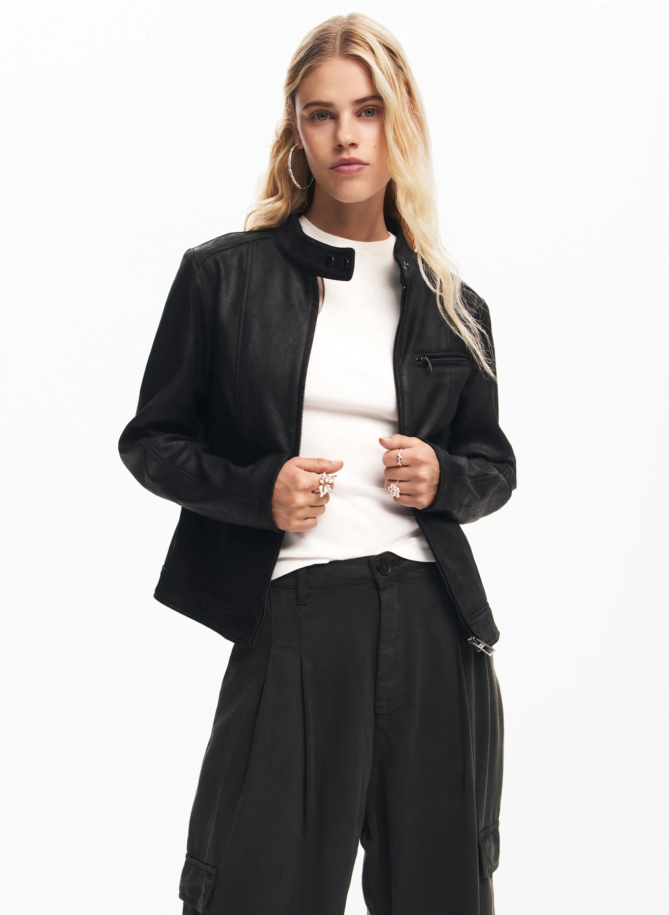 Veste droite biker effet cuir| Noir