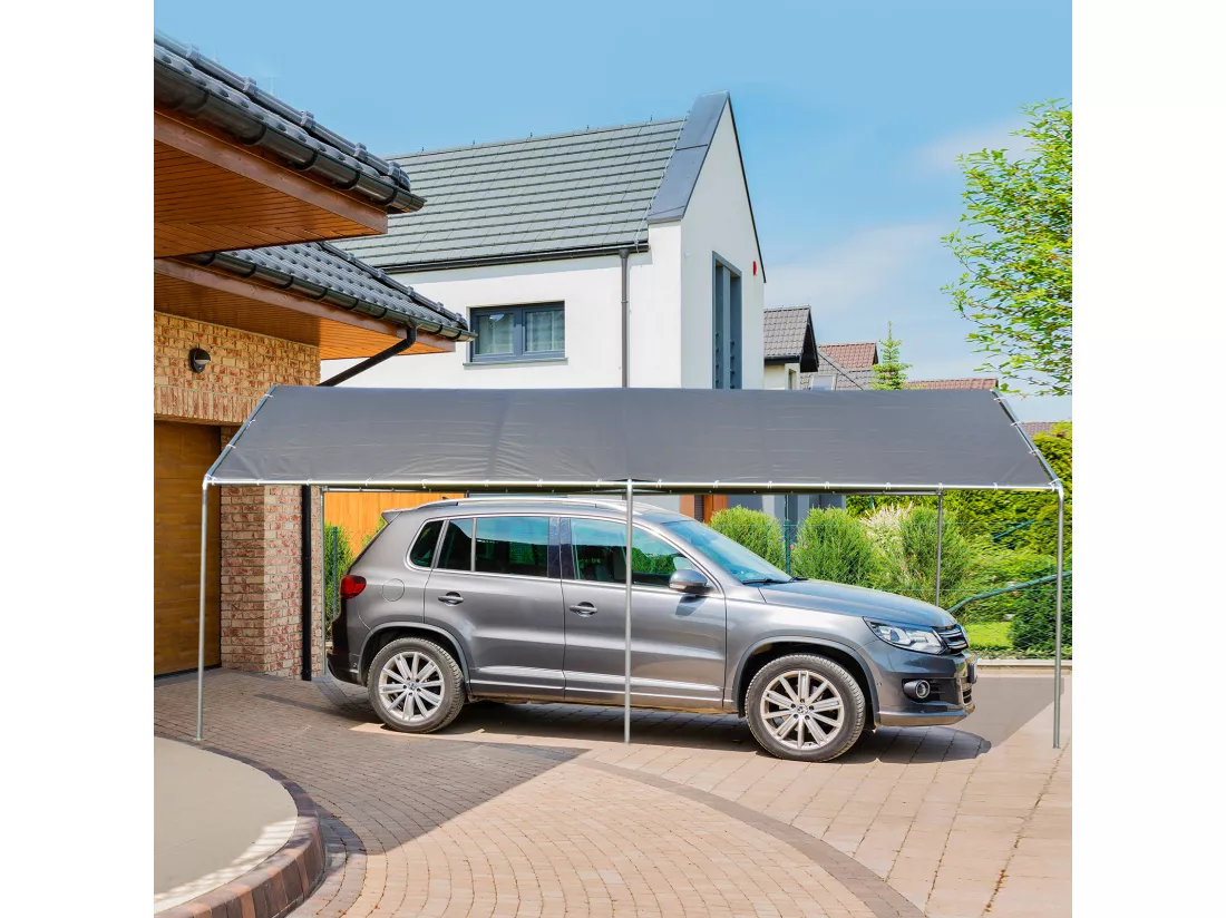 Carport auvent pour voiture 5,95L x 2,90l x 2,60H m acier galvanisé robuste PE haute densité gris