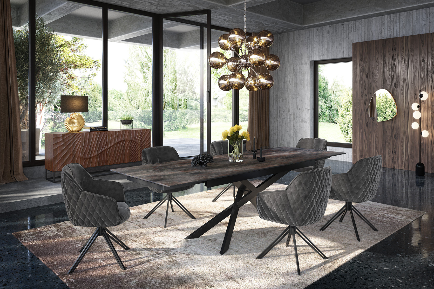 Massives Sideboard SCORPION 180cm dunkelbraun Akazie mit 3D Schnitzereien schwarz Metall