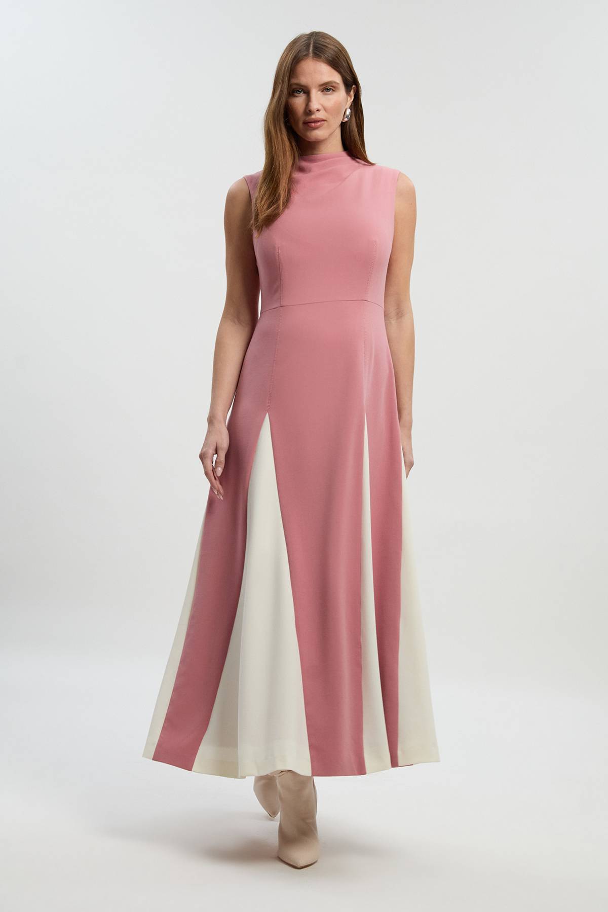 KarenMillen Robe Midi Ajustée Extensible à Blocs de Couleurs et Jupe Évasée
