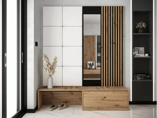 Meuble d'entrée Hartford 322, 205x172x42cm, Miroir, Chêne Artisan|Noir, À poser