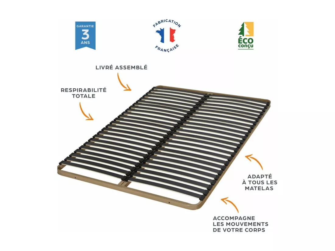 Sommier à lattes 160x200 C224 - 48 lattes bois - Fabrication française